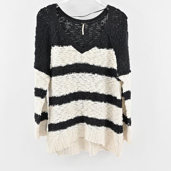 FREE PEOPLE Sweater Womens Size M Songbird Knit VNeck Rugby Stripe Oversized - Picture 1 of 12